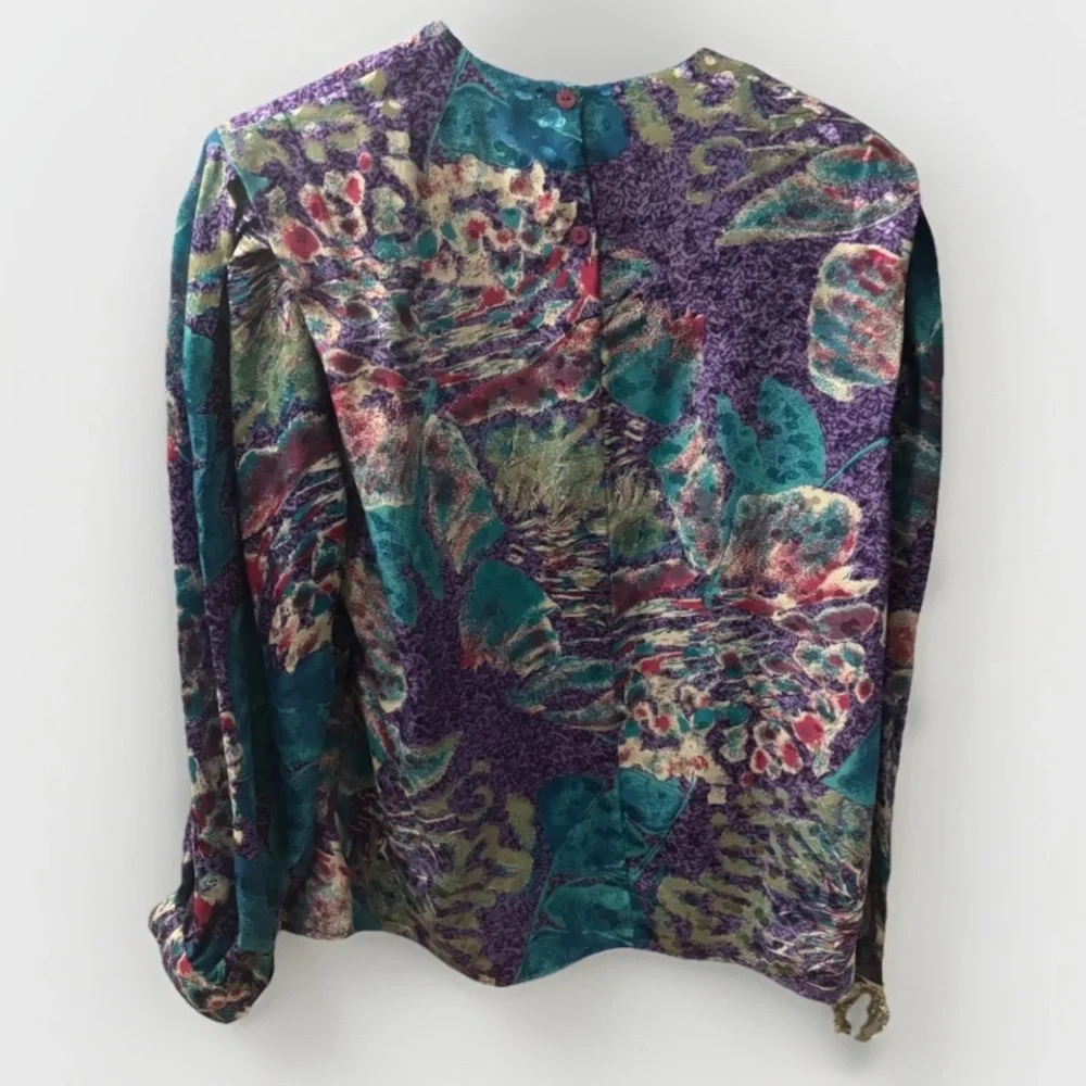 Vintage 80s Librarian Silky Artsy Sz M 8 Blouse Grannycore Shoulder Pads - Picture 3 of 5